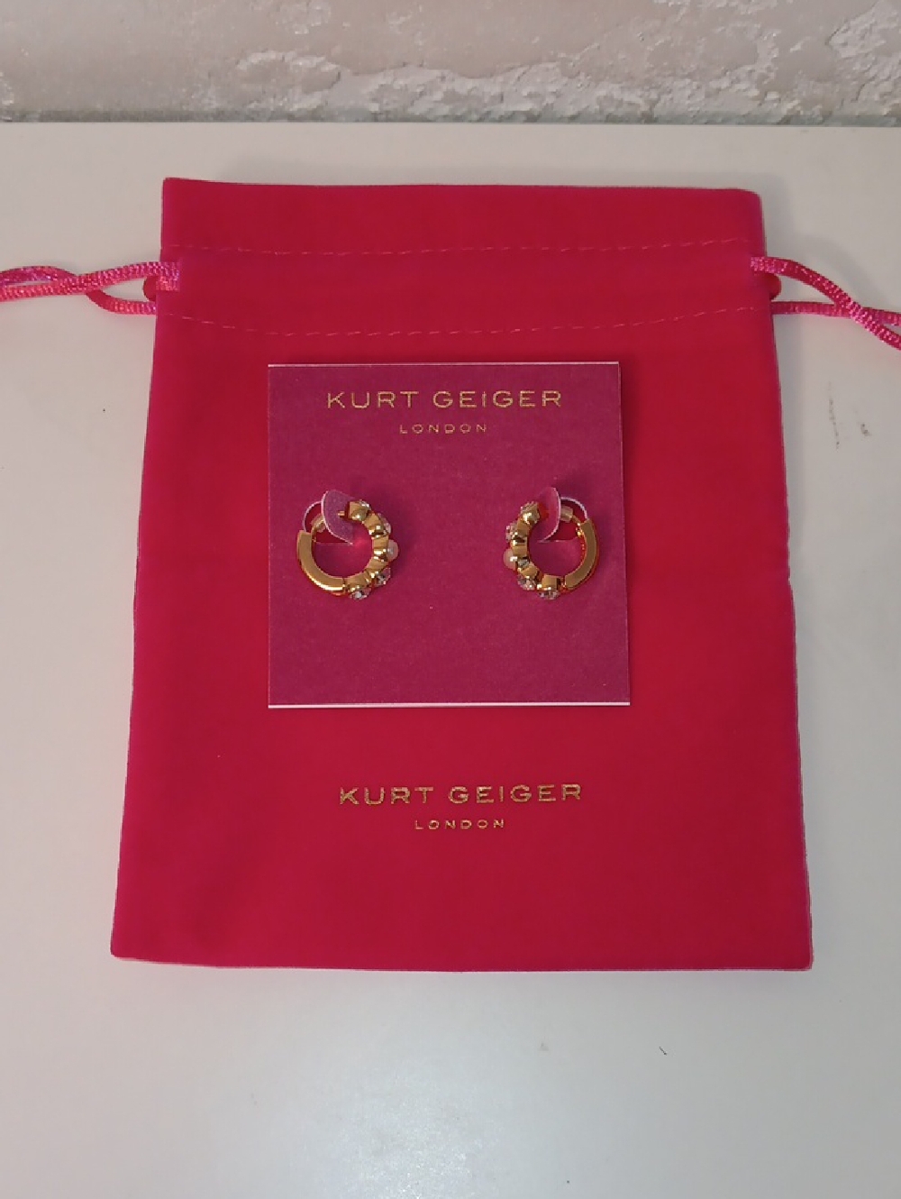 Kurt Geiger Gold Crystal Accent Mini Hoop Earrings with Pink Pouch